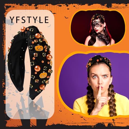 Black Pumpkin Headband for Halloween | Gothic Pearl & Rhinestone