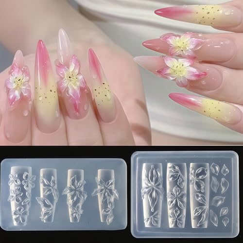 Pizadix 2 Pcs Flower Silicone Nail Art Molds - Romantic Resin & Gel Nail Designs (Flower-1)