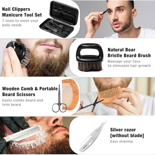 Nuogo 15 Pcs Birthday Gifts for Men Beard Care Set for Him Dad Birthday Gifts Basket Ideas Kit for Men Tumbler Bath Robe for Father's Day Dad Husband Boyfriend Box (Unhooded,Black)