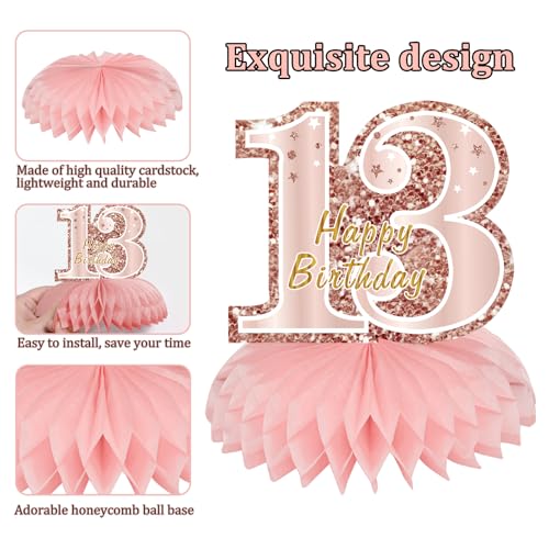 Pink Rose Gold 13th Birthday Honeycomb Centerpieces - 9 Pcs