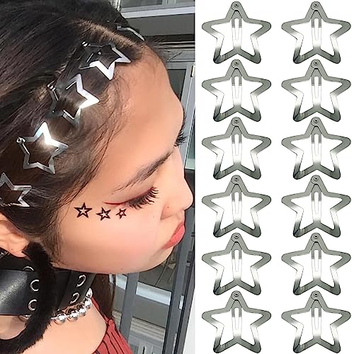 12 PCS Y2K Star Hair Clips - Silver Non-Slip Barrettes for Women