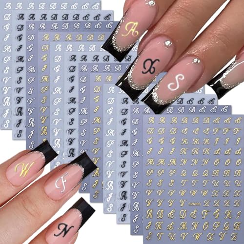Gold Retro Alphabet Nail Stickers - 12 Sheets Self-Adhesive Art Decals