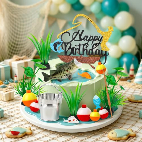 Fishing Cake Topper Set - 16PCS Gone Fishing Birthday Decorations