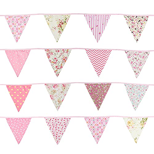 39ft Pink Floral Triangle Bunting Banner - Reusable Cotton Flags for Parties