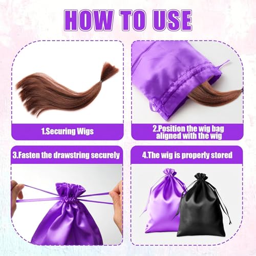 2-Pack Silk Satin Wig Bags - Black & Purple Travel Storage