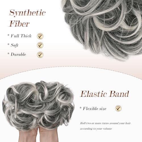 FESHFEN Large Messy Bun Hair Piece - Wavy Synthetic Chignon Scrunchies Elastic Ponytail Hair Extensions Thick Hairpieces for Women, Black Gray and White Tips 1.94oz