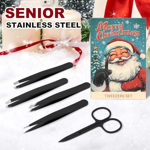 5-Pack Stainless Steel Tweezers Set for Facial Hair and Eyebrow Grooming with Scissors