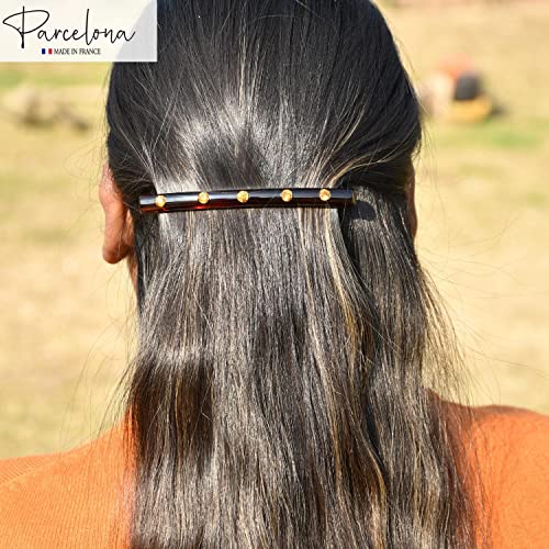 Parcelona French Long Narrow Celluloid Hair Barrette with Crystals - Shell Brown, No Slip Grip, Made in France