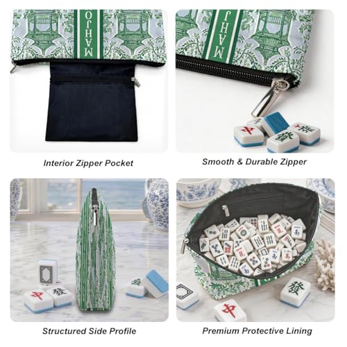 Multicolor Green Chinoiserie Mahjong Tile Bag with Makeup Storage - Blue Leaves