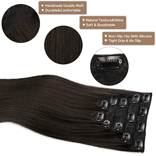 WECAN 22 Inch Clip-In Hairpieces - Brown Black, 6PCS Synthetic Fiber