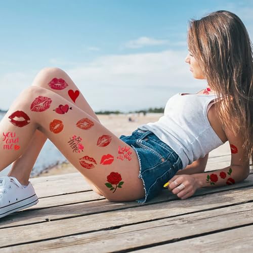 Sellentduct Kiss Valentine Red Lip Tattoos - 15 Sheets, Waterproof & Temporary for Kids & Adults