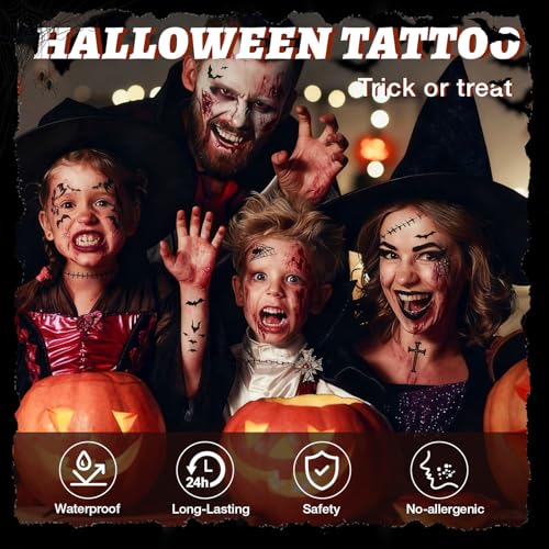 Zombie Makeup Halloween Face Tattoos Kit - 12 Sheets Fake Scars & Wounds for Kids & Adults - Realistic Blood Injury & Scratch Stickers - Halloween Costume Accessory