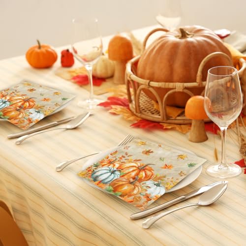 48-Pack Fall Napkins - Watercolor Pumpkin and Maple Design, 6.5x6.5in