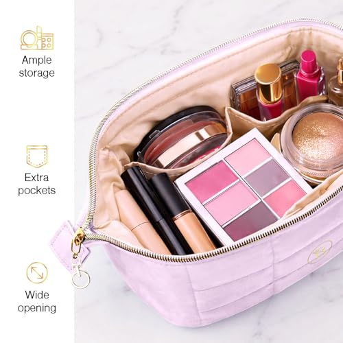 Quilted Pink Makeup Bag for Women - Travel Toiletry Organizer