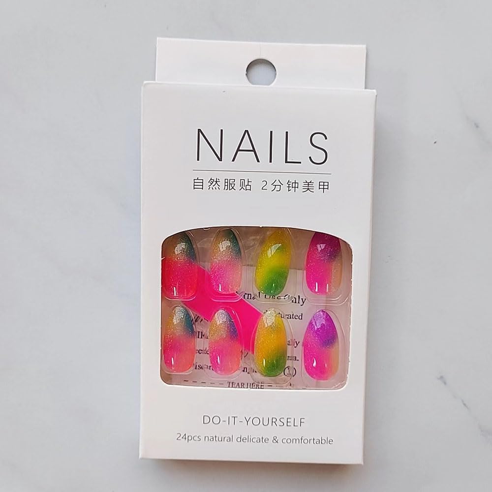Colorful Cat Eye Press-On Nails - 24 Pcs Short Almond Acrylic Tips | Rainbow Glitter Design