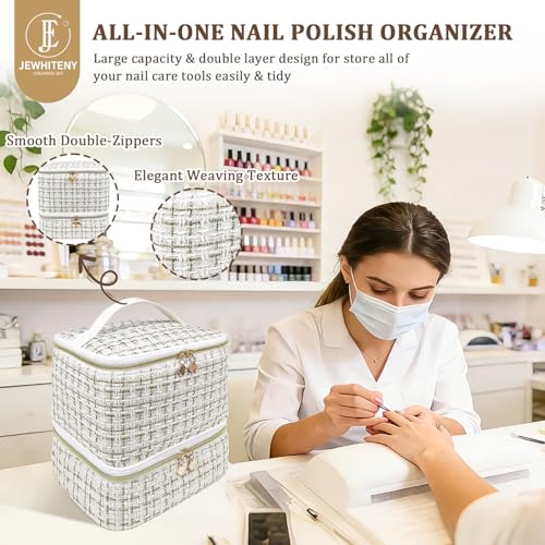 JEWHITENY White Nail Polish Organizer Bag for 30 Bottles & Lamp