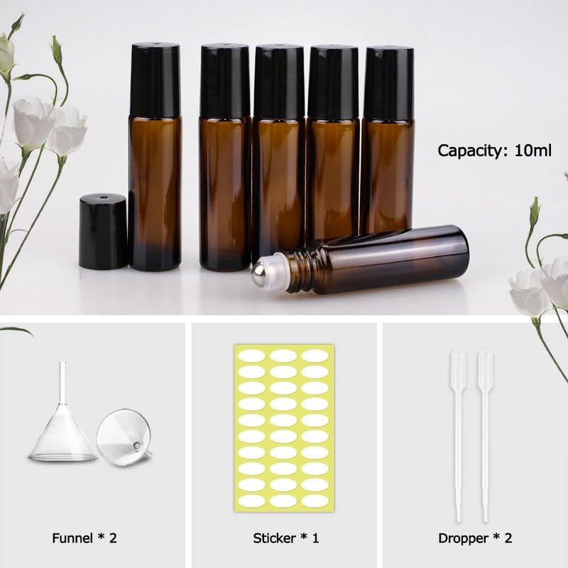 Essential Oil Roller Bottles - 12 Pack 10ml Amber Glass with Stainless Steel Caps for Travel & Perfume