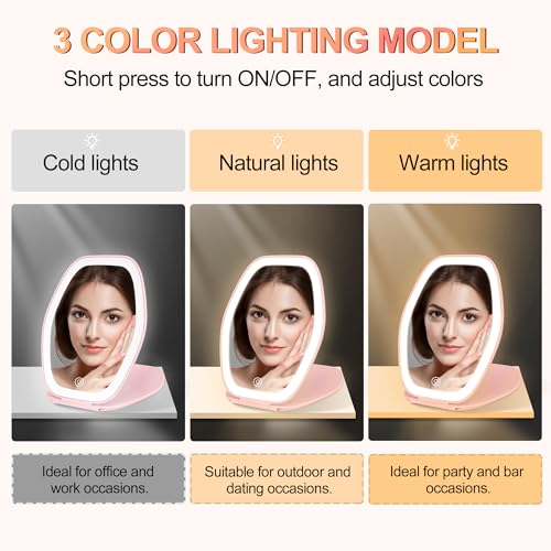 COSYGLOW Portable LED Travel Makeup Mirror - 3-Color Lighted Vanity, Pink