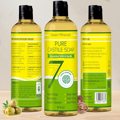 Seven Minerals Pure Castile Soap - Unscented, Vegan & Gentle for Sensitive Skin - 8 Fl Oz