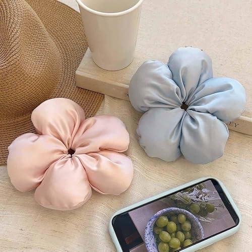 3-Pack Large Flower Satin Hair Scrunchies for Women - Soft Silk Hair Ties in Blue, Pink, Beige