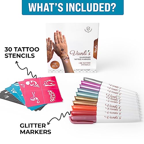 Vanli's Metallic Temporary Tattoo Markers Set with 30 Stencils - Skin-safe & Vibrant