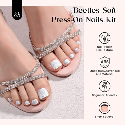 Beetles Glitter Rush Press On Toe Nails Kit - 288 Pcs Short Squoval Fake Nails with Glitter, 12 Colors, Nail Glue & Accessories