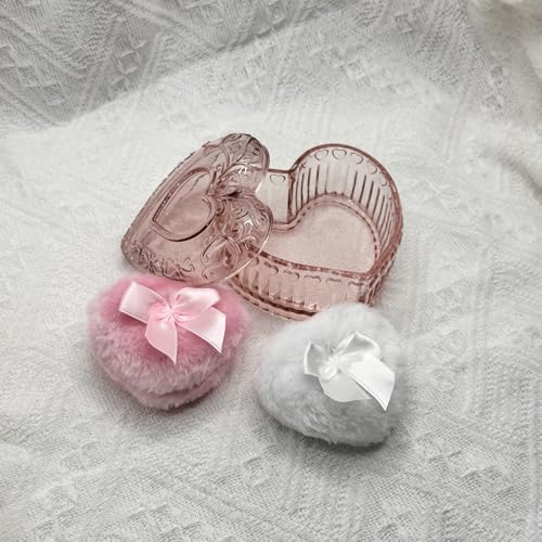 Pink Heart Glass Powder Puff Container with 2 Soft Puffs