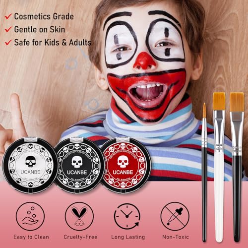 UCANBE Halloween Face Body Paint Set - Black, White & Red Makeup Kit with Brushes