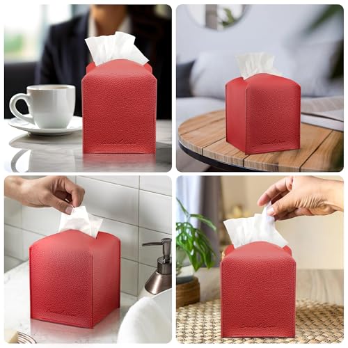 Elegant PU Leather Tissue Box Holder - Crimson Red for Home & Office
