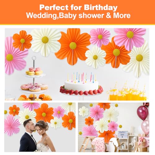 9 Pack Pink & Orange Paper Fans for Party Decor - Wedding, Birthday, Baby Shower