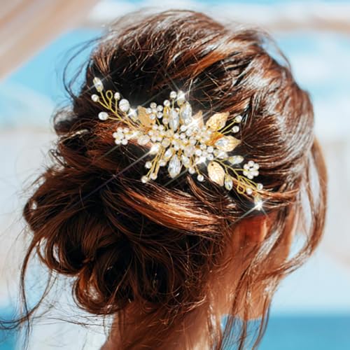 JEAIRTS Gold Crystal Hair Comb - Bridal Pearl Headpiece for Weddings