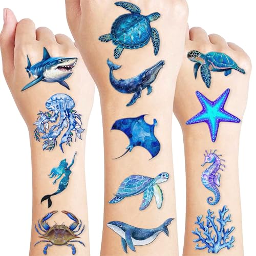 60 Ocean-Themed Temporary Tattoos for Kids - Shark, Turtle & Whale