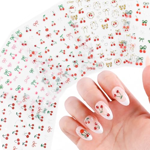 Cherry Nail Stickers - 5D Embossed Rhinestone Bow Nail Art Set