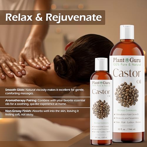 Plant Guru Castor Oil 4 oz - 100% Pure, Hexane-Free for Hair, Brows, Lashes & Skin