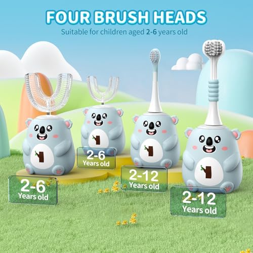 Kids Electric Toothbrush - U-Shaped Sonic Cleaning, 6 Modes, 4 Heads, Cute Koala Design (2-6 Age, Grey Blue)