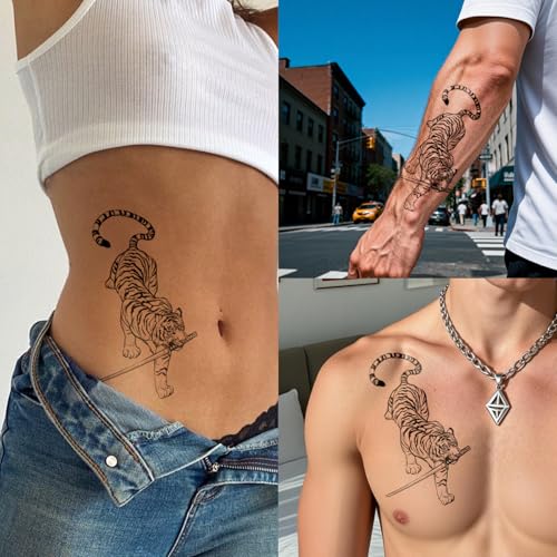 UBICA Lion & Tiger Semi-Permanent Tattoo Sheets - Realistic Body Art for Arm & Chest
