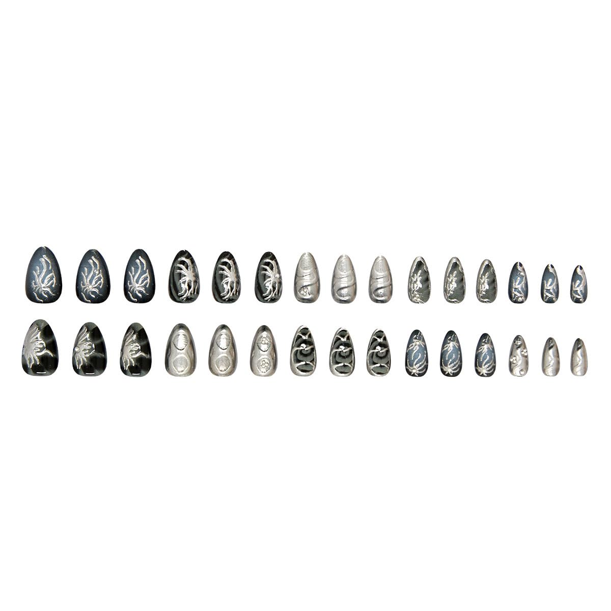 Goth Press-On Nails - 30 Pcs Medium Almond Shape | 3D Silver Alloy Glitter Design, Reusable Black Acrylic Full Cover