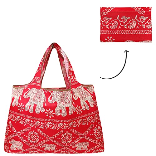 Large Foldable Tote Bag - Reusable Nylon Grocery Bag with Regal Elephants