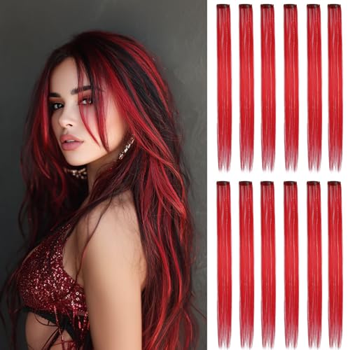EXTACIO Red Clip-in Hair Extensions 22 Inch Rainbow Highlights with Silver Tinsels