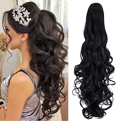 OMGREAT 24 Inch Dark Black Curly Ponytail Extension - Claw Clip