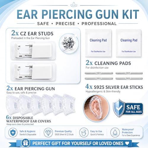 Anzero Ear Piercing Kit Disposable Ear Piercing Gun Kit with Sterile CZ Studs, Painless Piercing Gun for Home Self-Use, Easy & Safe Piercing for Women, Men & Girls - 5MM