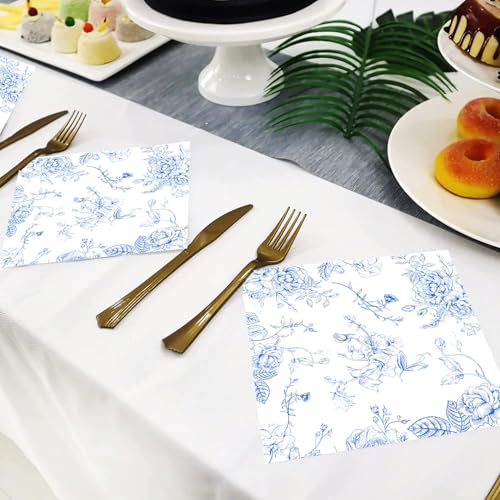 50 Pack Blue Floral Cocktail Napkins for Parties & Events