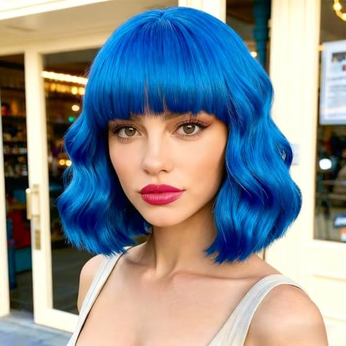 Blue Wigs for Women 14 Inch Curly Wavy Bob Cosplay Party Halloween Synthetic Hair