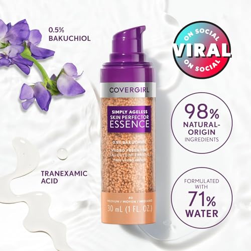 COVERGIRL Simply Ageless Skin Perfector Essence Foundation - 30 Light-Medium, Vegan Tinted Moisturizer with Bakuchiol for Radiant Skin