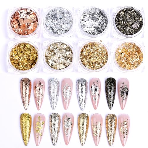 8 Bottles Gold Foil Nail Glitter Flakes for DIY Nail Art