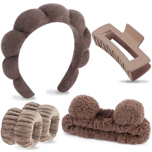 Dark Brown Spa Headband & Makeup Face Wash Headbands with Accessories - 5 Pcs