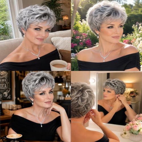 Short Curly Silver Grey Pixie Wig with Bangs - Natural Heat Resistant
