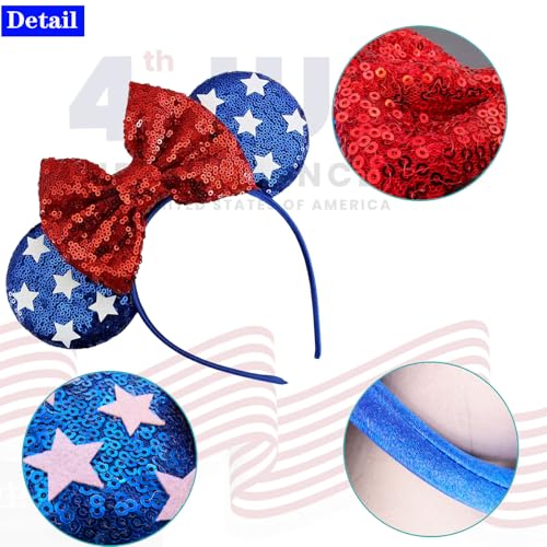 Roffiy Star 4th of July Headband – Red Glitter Bow, Blue Ears with White Stars