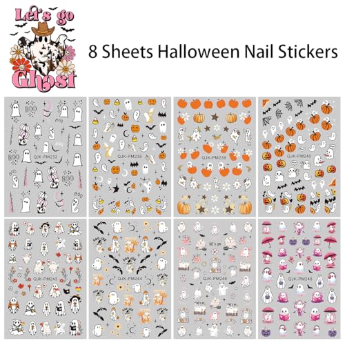 3D Halloween Nail Art Stickers - 8 Sheets Pumpkin, Ghost & Bats