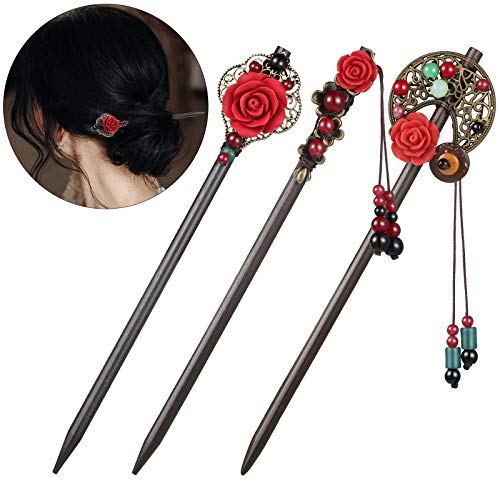 Yaazi 3-Piece Wooden Chinese Hair Sticks for Long Hair Retro Japanese Hair Accessories